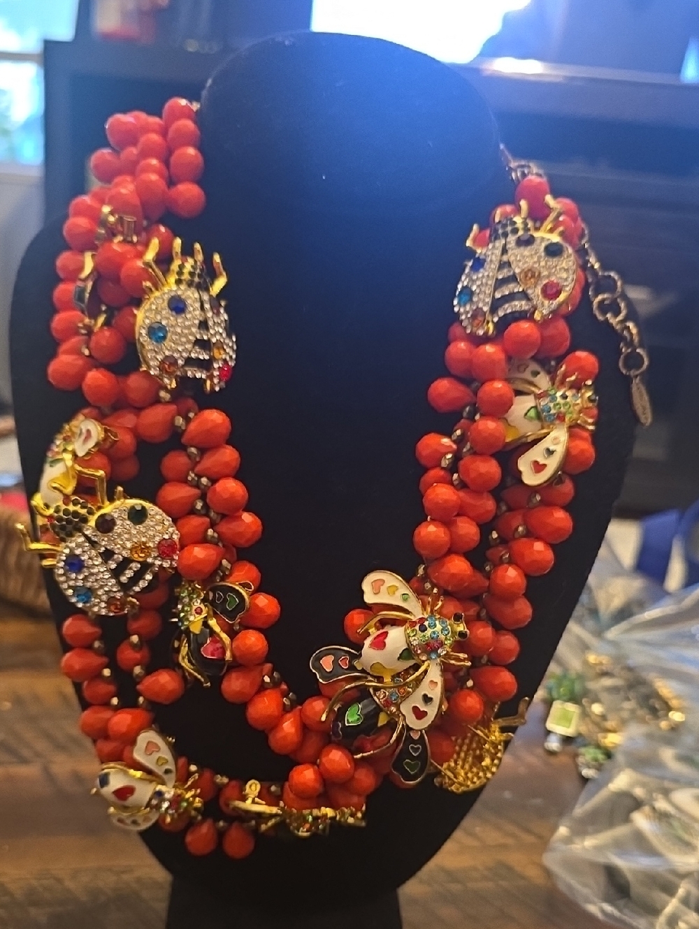 Sassy Jones Red Multi-Strand Beaded Necklace with Enamel Bug Charms